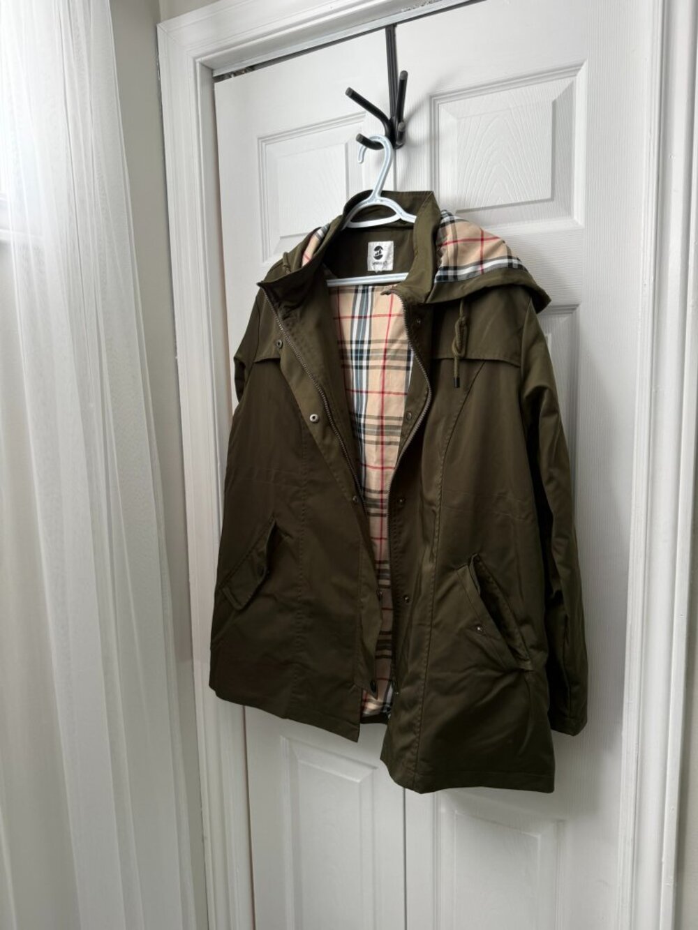 Olive Green Hooded Raincoat Jacket - Plaid Lined